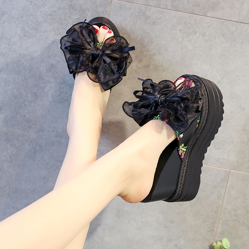 Dép đế xuồng 12cm tăng chiều cao đính hoa phong cách mới dành cho nữ