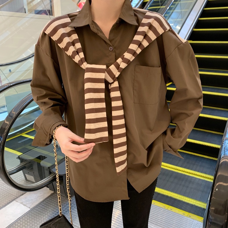 ZHELIHANGFEI Áo Sơ Mi Tay Dài Giả Hai Lớp Họa Tiết Kẻ Sọc Thời Trang Dễ Phối Đồ Cho Nữ