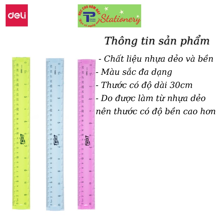 Thước kẻ nhựa dẻo màu EcoPVC 20cm, 30cm Deli - Màu ngẫu nhiên - 1 cây - E6208,6209