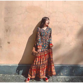 Đầm xoè maxi lụa cổ V tay dài
