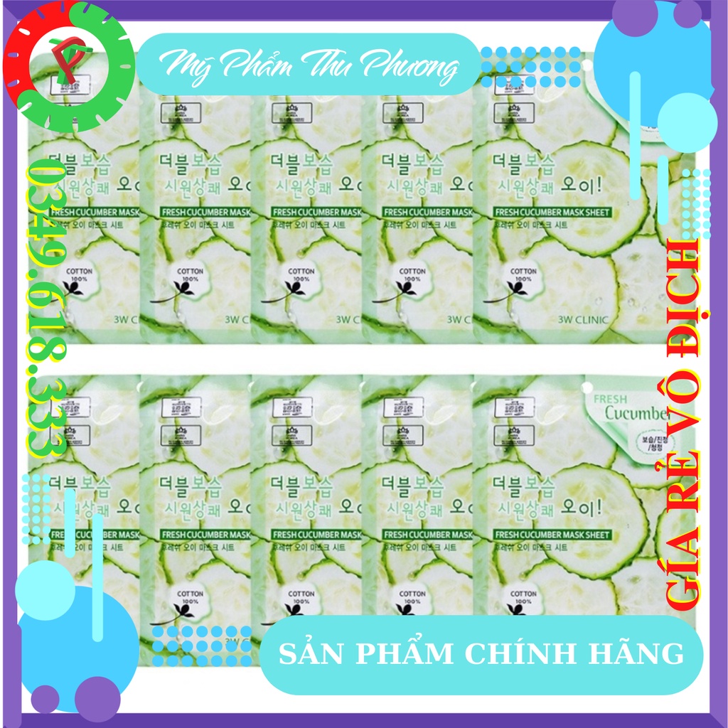 5 Mặt nạ dưỡng da thiên nhiên Dưa leo chuột Mỹ phẩm chăm sóc chính hãng Hàn Quốc 3W Clinic Fresh Cucumber Mask sheet