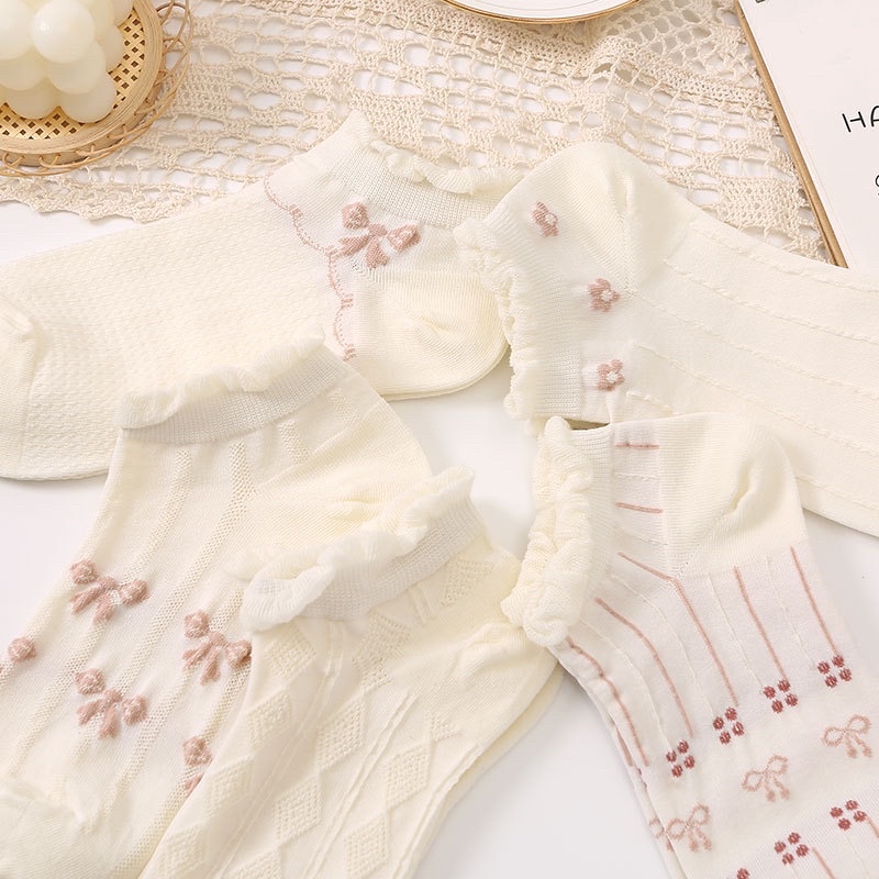 Set 5 Đôi Tất Cổ Bèo Tone Trắng Hình Nơ Hồng Vintage Siêu Xinh