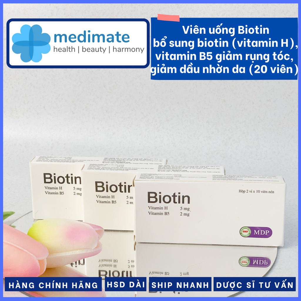Biotin viên uống bổ sung biotin và vitamin B5 giúp đẹp da, da mịn màng, tóc dày bóng, móng chắc khỏe (20 viên)