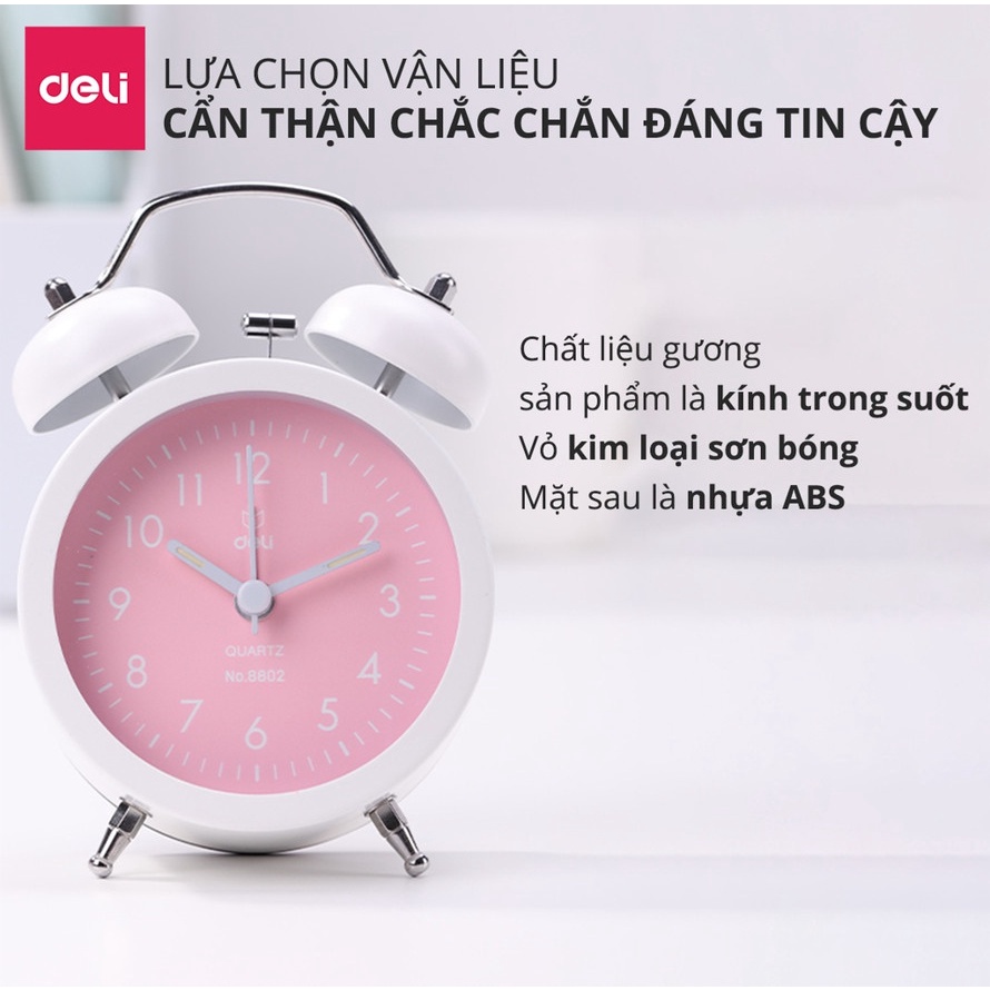 Đồng hồ báo thức Deli 8802 - Thân trắng mặt -Xanh dương/Xanh lá/ Hồng, tích hợp đèn ngủ, kim dạ quang-vpp Diệp Lạc sỉ lẻ