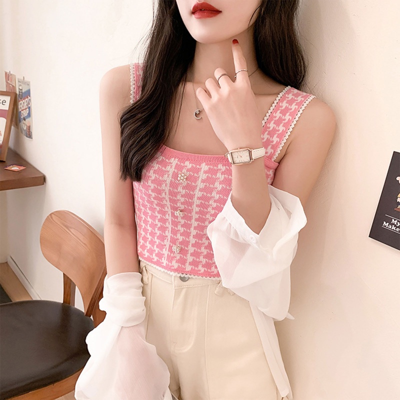 Brroa Áo Croptop Dệt Kim Dây Bản Rộng Cài Nút Họa Tiết Houndstooth Đính Ngọc Trai Cho Nữ