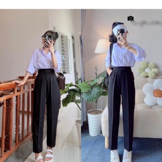 Quần tây đen công sở nữ dài 2 khuy bấm - dáng quần baggy - ống đứng vải công sở dày mềm