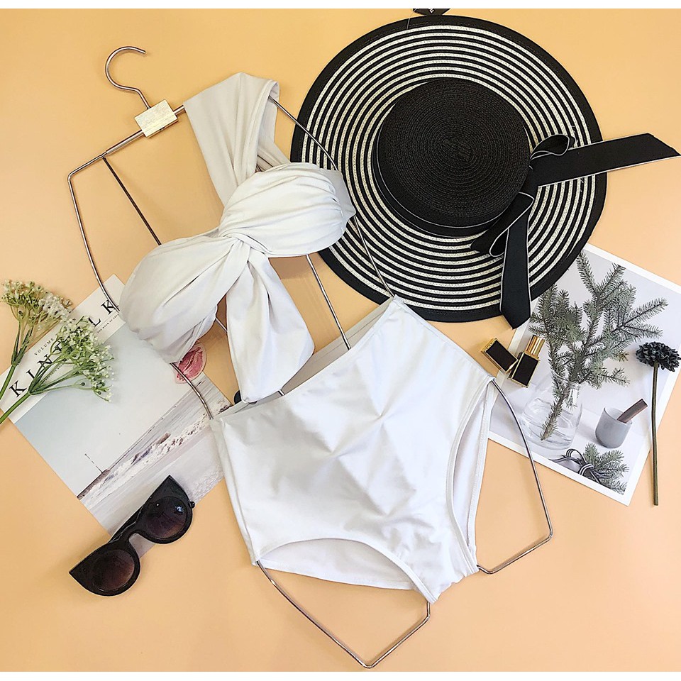 Bộ bơi bikini 2 mảnh lệch vai thắt nơ cạp cao giấu bụng tôn dáng | BigBuy360 - bigbuy360.vn