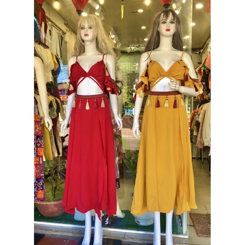 Đầm maxi thổ cẩm boho vintage váy xẻ tà sexy trễ vai tua rua xoè đẹp rẻ sống ảo | BigBuy360 - bigbuy360.vn