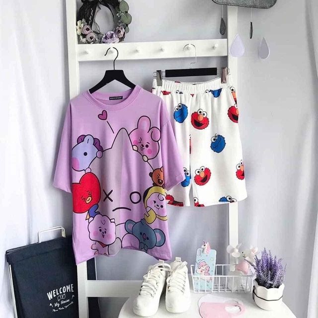 Set áo thun 3D BT21 BTS + quần short cartoon BT21 Seasame unisex