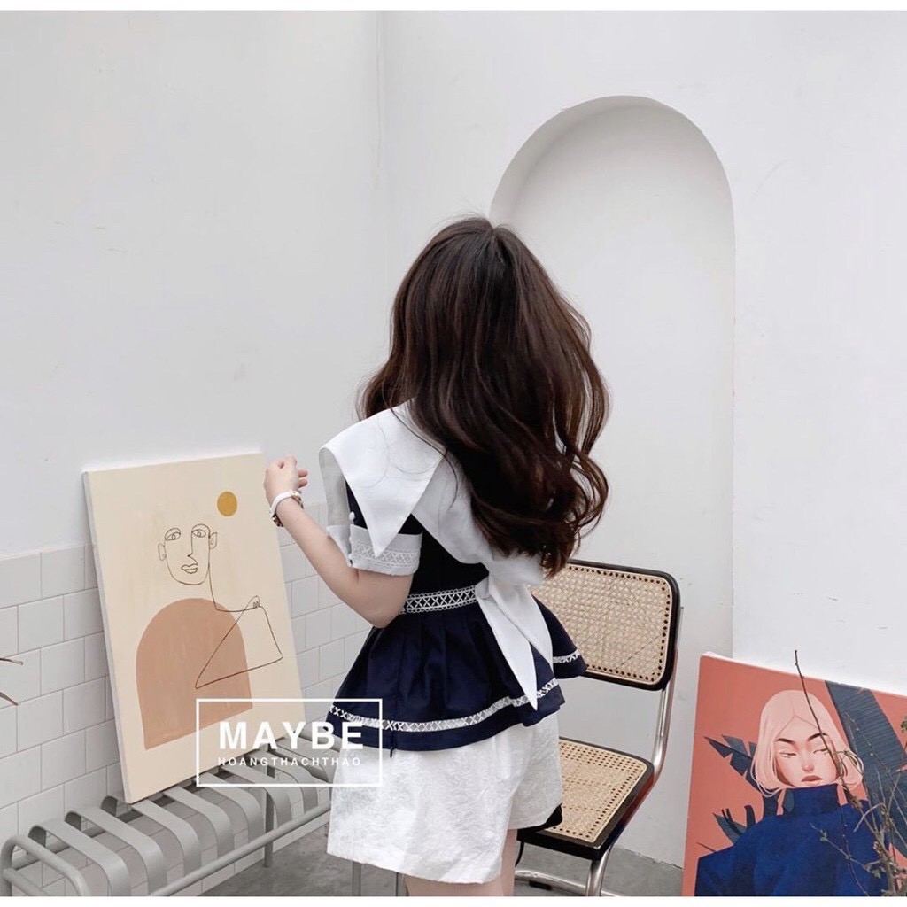 Áo kiểu peplum nữ hải quân xanh đen phối trắng tiẻu thư