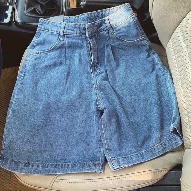Quần Short Jean Nữ Trơn Cạp Cao Dáng Rộng Chất Quần Bò Dày Dặn