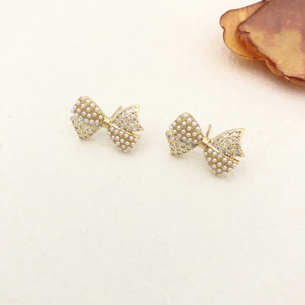 Bông Tai Hình Nơ Đính Ngọc Trai Xinh Xắn Dễ Phối Đồ