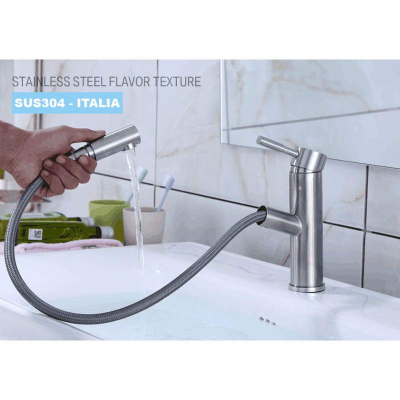 Vòi Lavabo nóng lạnh (trụ tròn, kiêm đầu xịt) SUS304 - Siêu cấp ITALIA (Kèm đôi dây cấp nước)