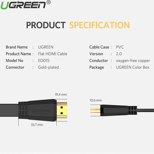 Cáp hdmi 2.0 dẹt dài 1,5m Ugreen 50819 chính hãng hỗ trợ 4K cao cấp