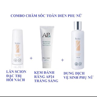 Combo  Lăn Khử Mùi75ml + Kem Đánh Răng Ap24 100gr + Dung Dịch Vệ Sinh Phụ Nữ Scion 200ml