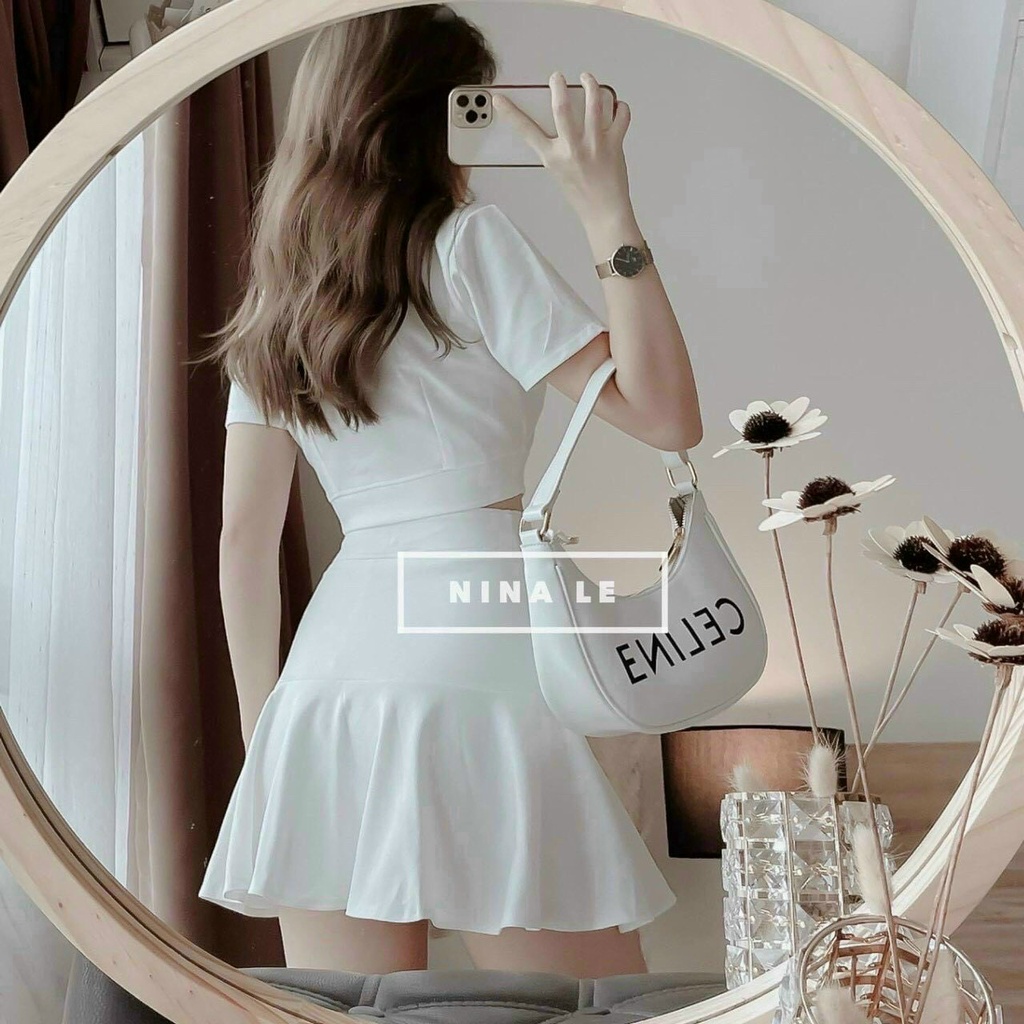 [Sale cuối tháng] Set váy đi chơi phong cách trẻ trung cá tính với váy chữ A lưng cao có túi cực đẹp kèm áo croptop