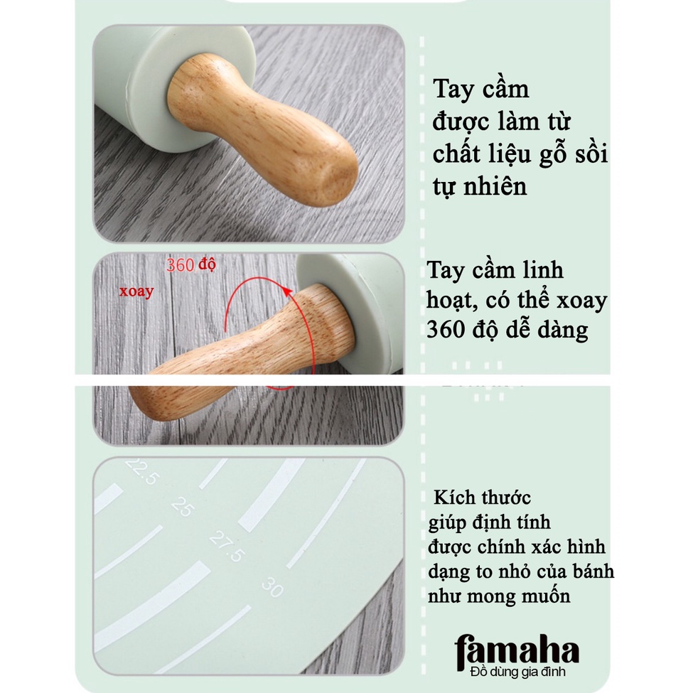 Cây lăn bột làm bánh kèm thảm chống dính bằng silicone chất lượng cao FAMAHA