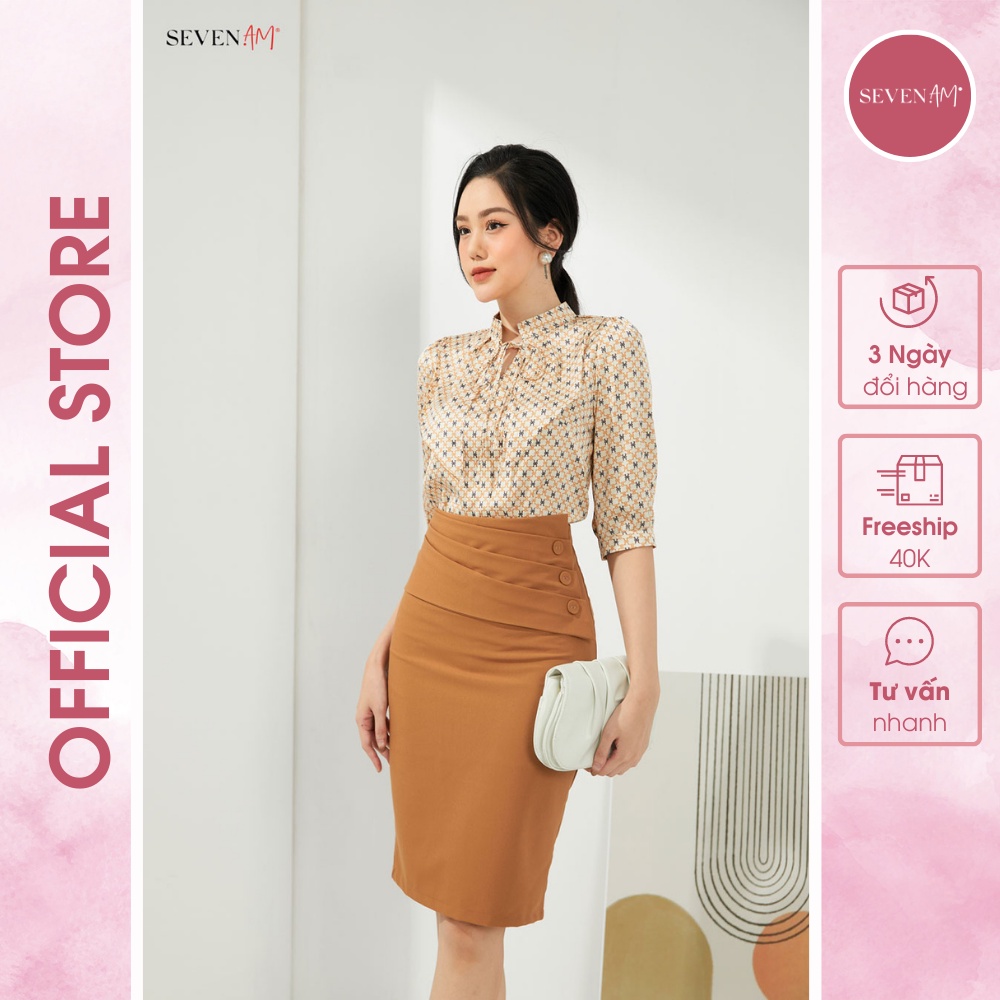 Áo Sơ Mi Tay Cộc Họa Tiết Nâu Nơ Cổ Seven.am Fh103070