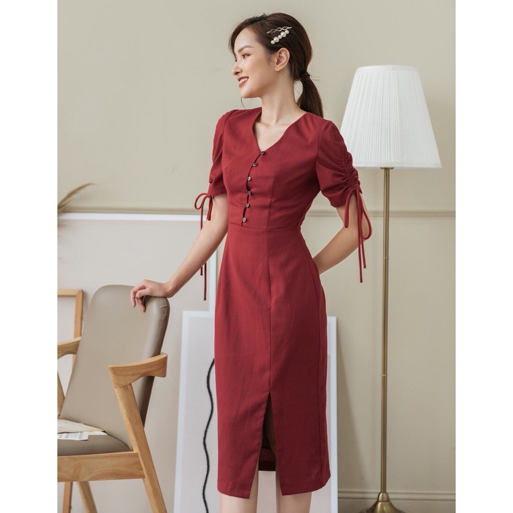 Đầm váy kiểu xẻ tà tay rút dây cột nơ xinh đẹp trẻ trung dành cho nữ