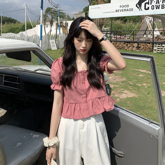 Women's French Square Neck Puff Sleeve Crop Tops Loose Fashion Summer Solid Short Sleeve Ruffles Blouse | BigBuy360 - bigbuy360.vn