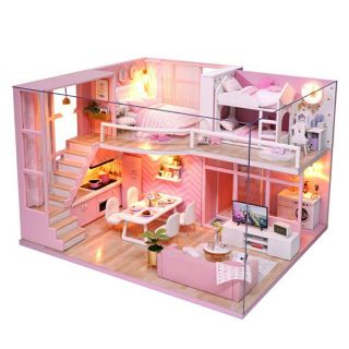 FREESHIP ĐƠN 99K_Mô hình nhà búp bê gỗ – biệt thự màu hồng Dream Angels (có đầy đủ cót nhạc, mica che bụi)