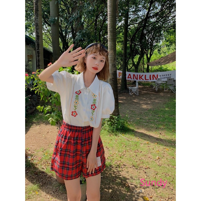 Plus Áo Kiểu Tay Phồng Thêu Họa Tiết Phong Cách Vintage Pháp Cho Nữ