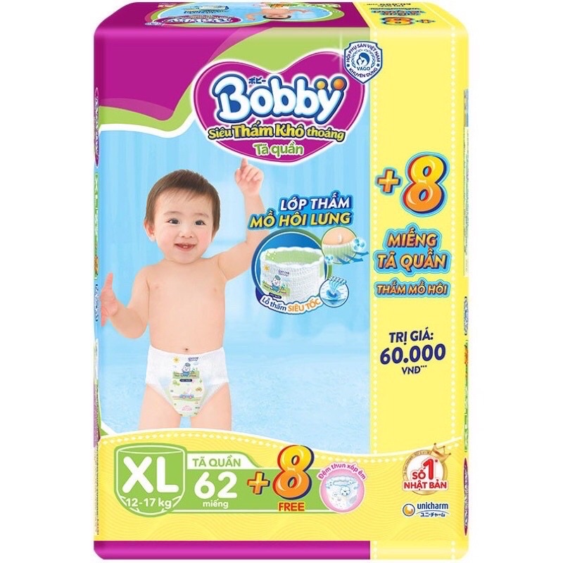 Tả quần bobby siêu đại M76+8, L68+8, XL62+8, XXL56+8 ( tặng 8 miếng mỗi gói tuỳ đợt mới có)