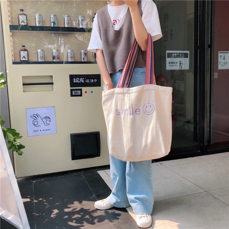 Túi Tote Vải Canvas Thêu Hoạ Tiết Smile Xinh Xắn