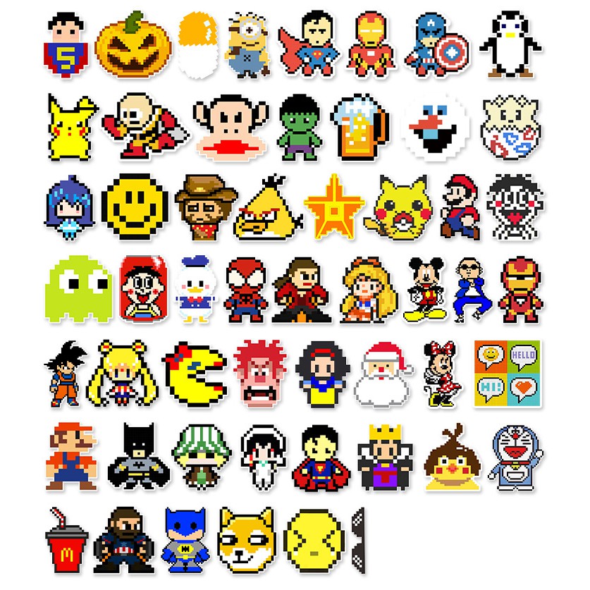 [Set 50 Cái] Sticker cute, dễ thương phong cách Pixel Mosaic dán trang trí laptop, mũ nón bảo hiểm - DB.088