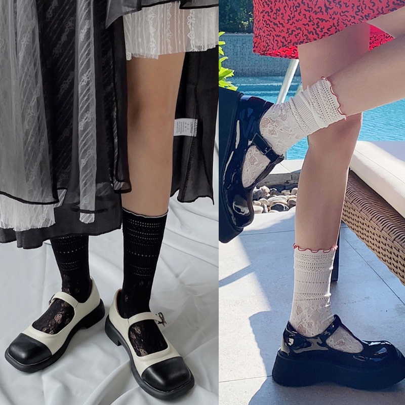 Xiangbao Vớ Lưới Xuyên Thấu Phối Ren Hoa Rỗng Phối Diềm Xếp Nếp Ngọt Ngào Phong Cách Lolita Nhật Bản Thường Ngày Br