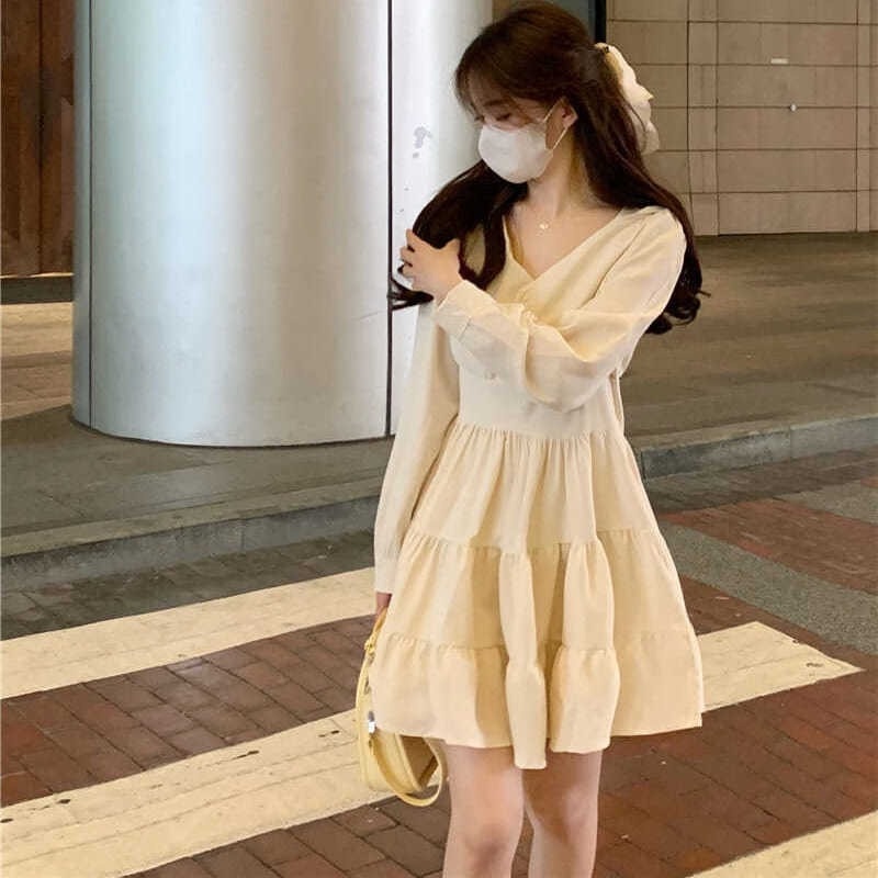 Đầm Tay Dài Cổ Chữ V Nhấn Eo Phong Cách Retro Kiểu Pháp Thời Trang Thu Đông Mới Cho Nữ