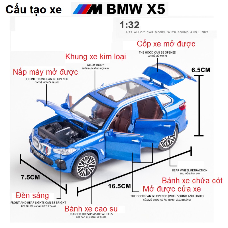 Xe mô hình ô tô BMW X5 tỉ lệ 1:32 bằng kim loại có âm thanh và đèn mở các cửa