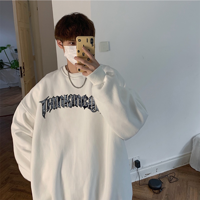 Áo sweater cổ tròn in chữ và họa tiết ngọn lửa độc đáo thời trang dạo phố cho nam size m - 5xl