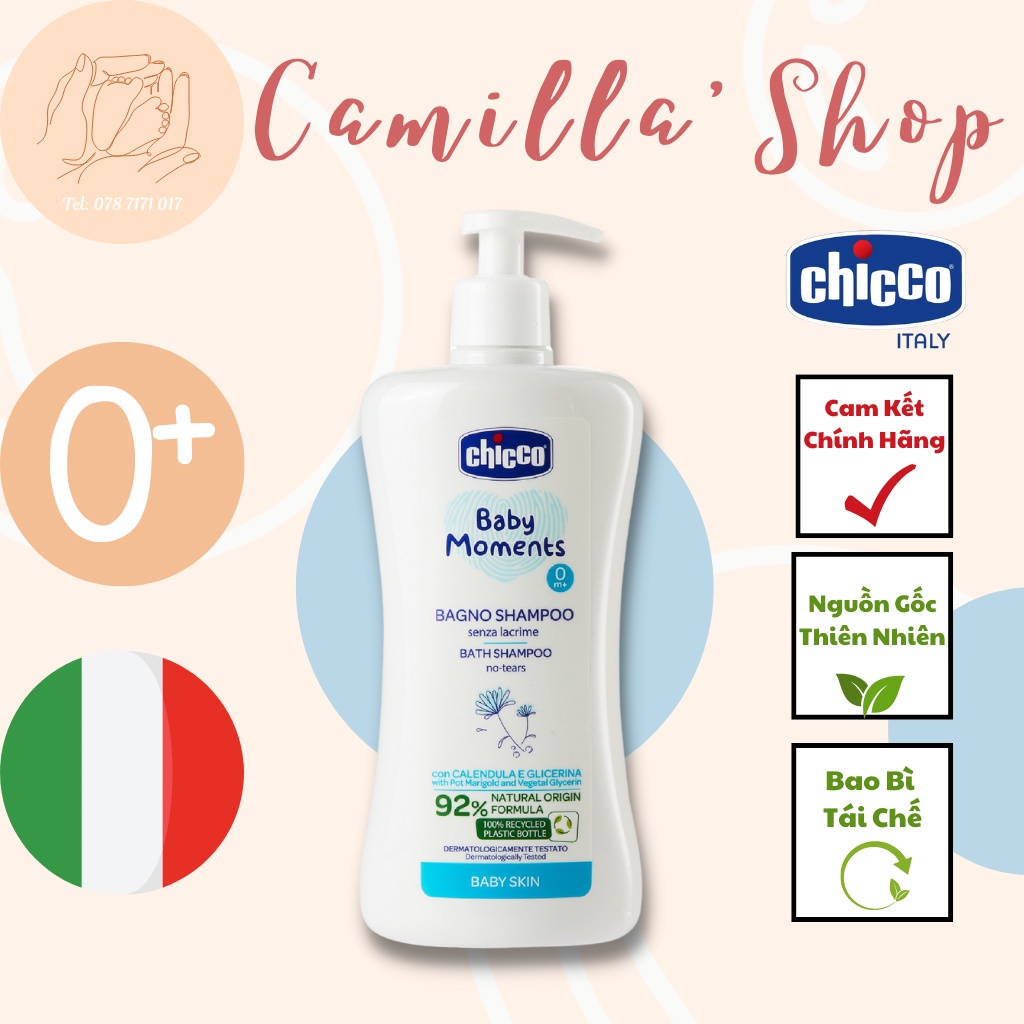 Sữa tắm gội Chicco hương yến mạch/ hoa cúc cho bé từ 0m+ 500ml