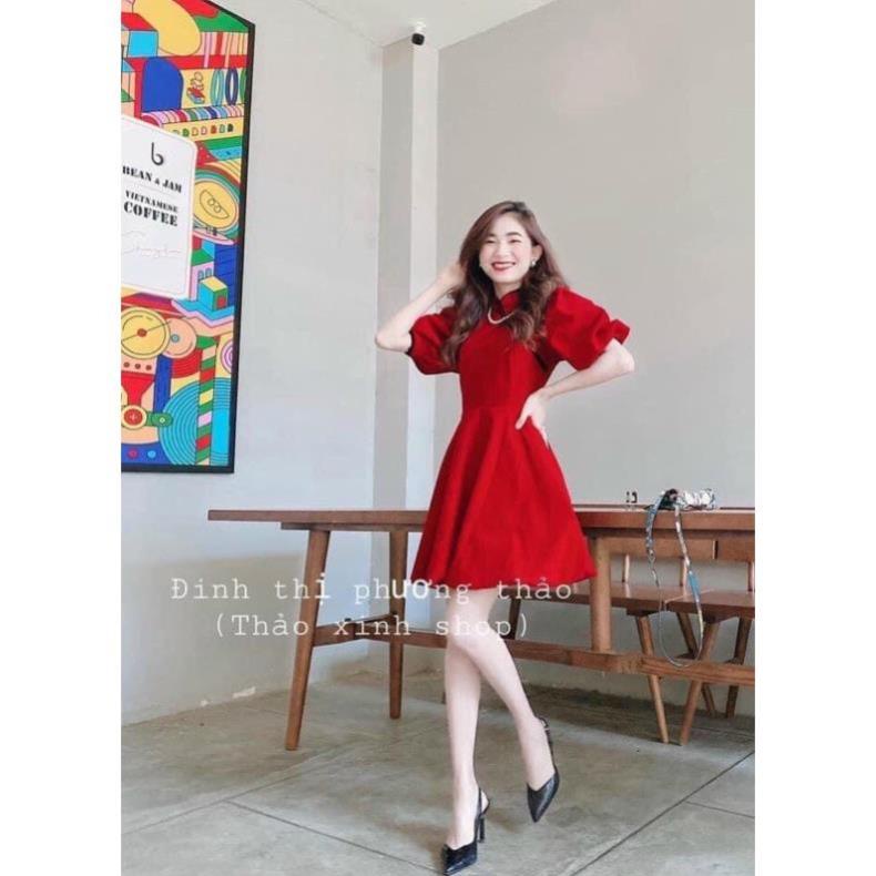 TBO Ảnh thật Đầm xoè tay phồng lỡ cổ tàu nút mây babydoll cách điệu trung hoa màu đỏ mặc Tết đón xuân noel