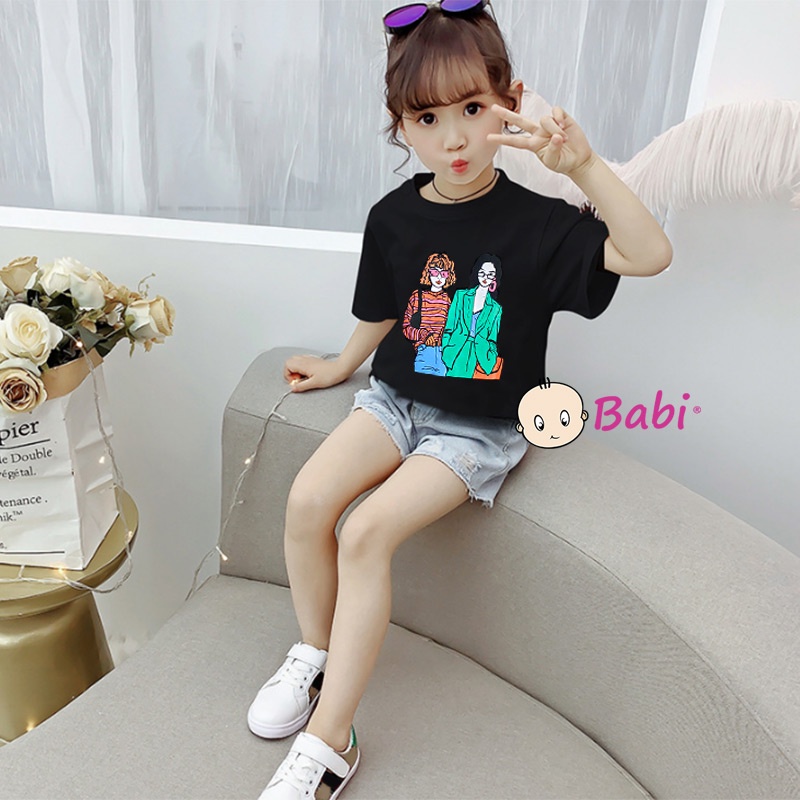 Áo thun ngắn tay in hình cho bé gái, Áo thun cổ tròn ngắn tay thời trang cho bé gái size đại từ 20-47kg