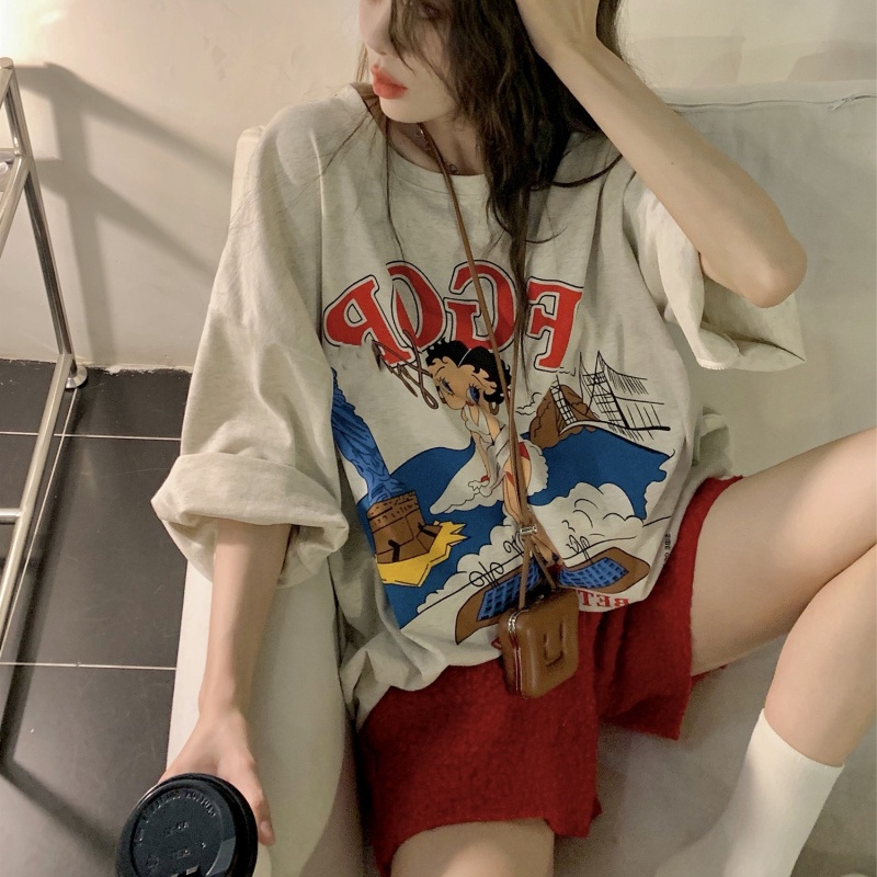 SUXI Áo Thun Tay Ngắn Cổ Tròn In Họa Tiết Chữ Cái Hoạt Hình Dáng Rộng Thời Trang Mùa Hè Cho Nữ