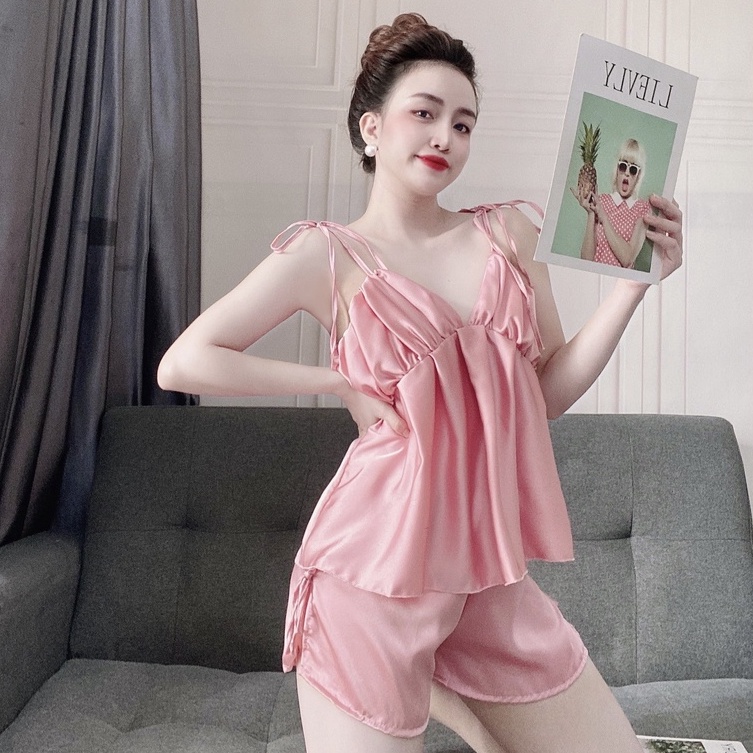 Đồ Ngủ Mặc Nhà 2 Dây Xếp Ly Ngực Cột Nơ Lưng Gợi Cảm Lụa Satin Cao Cấp Mềm Mại Thoáng Mát Freesize - CN031 CINY | BigBuy360 - bigbuy360.vn