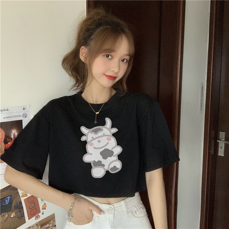 Áo Thun Crotop Form Rộng Unisex Tay Ngắn In Hình Bò Sữa Ulzzang Style Hàn Quốc TTT0177