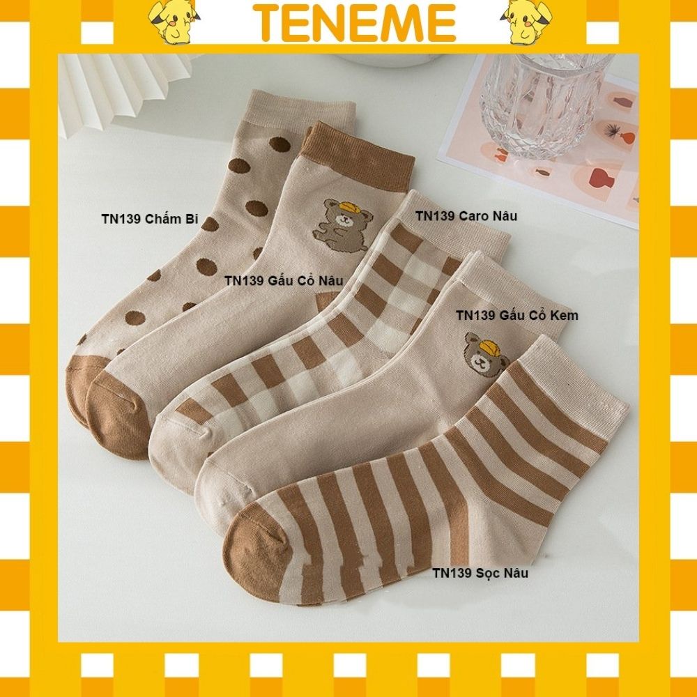 Tất Hàn Quốc Teneme vớ tất nam nữ cổ cao họa tiết gấu vintage TN139