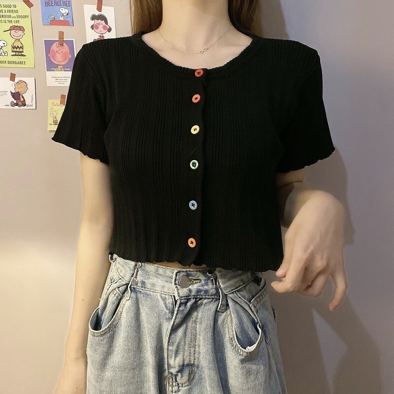 Áo Croptop Nữ Ulzzang trơn body, Croptop cuốn biên đính cúc màu