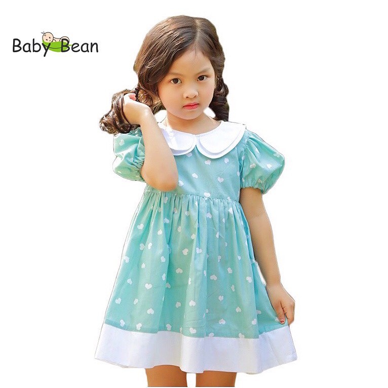 Đầm Cotton Cổ Sen 2 Lá Họa Tiết Trái Tim Bé Gái BabyBean