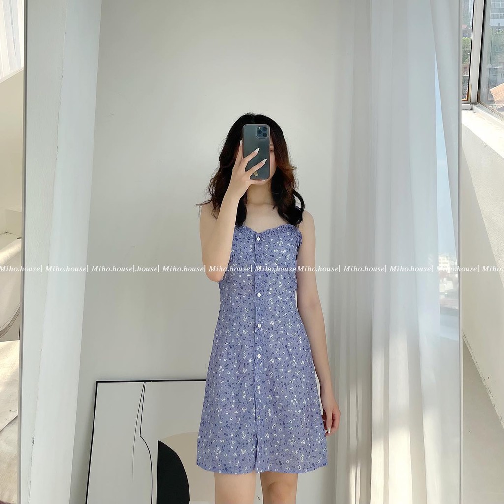 (FREAHIP) Đầm 2 dây hoa nhí tím ngắn