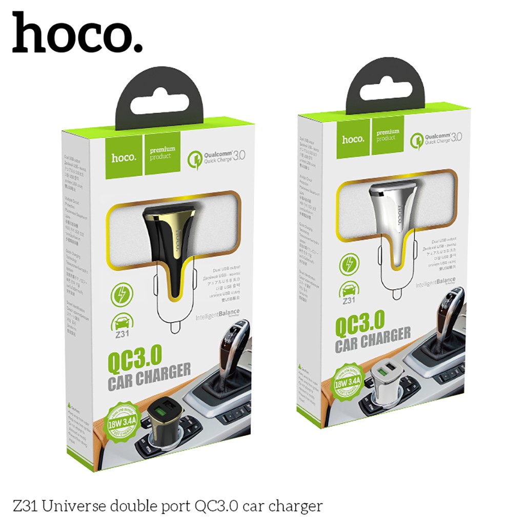 HOCO Z31 Tẩu Sạc Điện Thoại Ô Tô Xe Hơi Cao Cấp 2 Cổng USB Hỗ Trợ Quick Charge 3.0