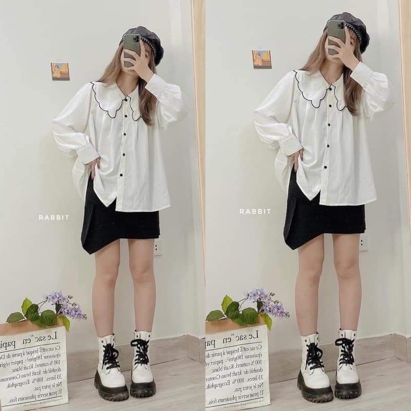 Áo Babydoll Nữ Trắng 🌺 Sơ Mi Trắng Bèo Cổ Viền Đen Ulzzang Hàn QuốcOne boutique