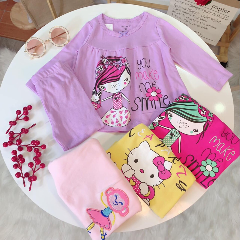 Bộ quần áo mặc ở nhà, đồ ngủ thu đông dài tay cho bé gái từ 1 tuổi đến 7 tuổi, Hàng hiệu xuất khẩu