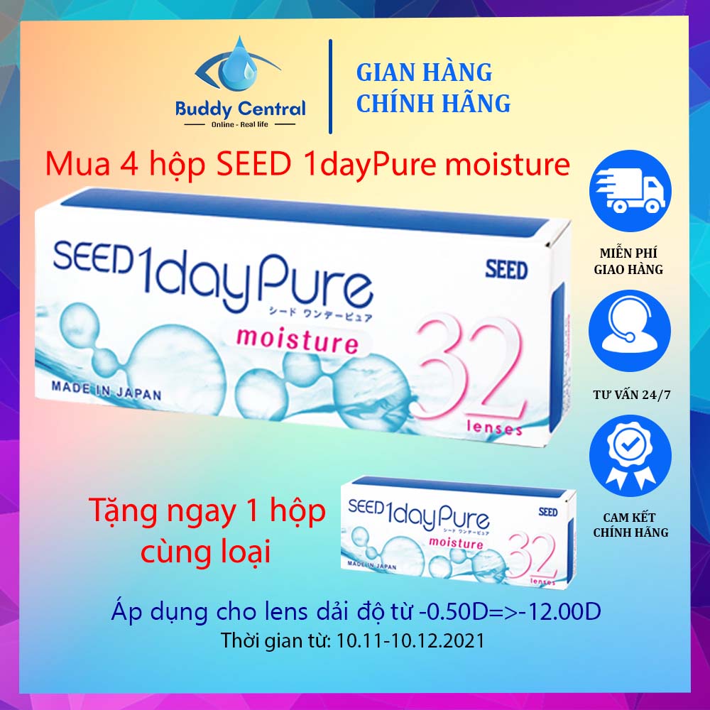 Hộp 32 lens kính áp tròng SEED 1 ngày 1 day Pure moisture không màu độ cận từ -0.5 đến -12