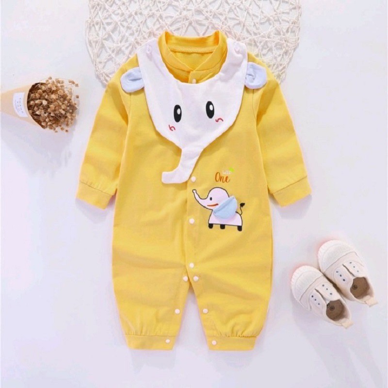 Body Liền Thân Dài Tay Hình Yếm Voi Chất Cotton Cho Bé Gái Bé Trai Từ 0-12 Tháng Tuổi