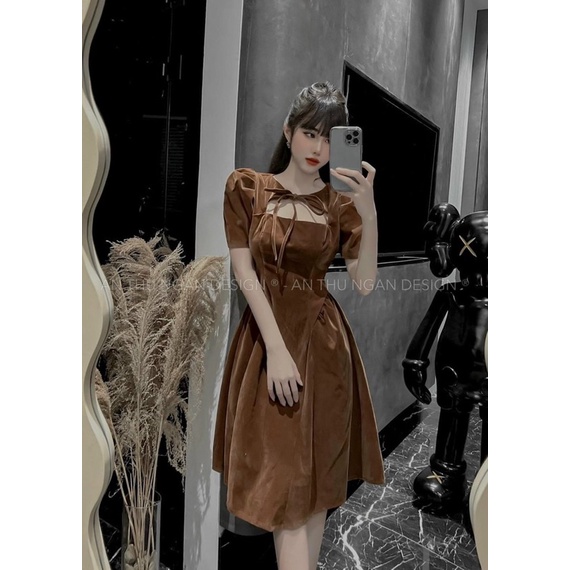 Đầm váy thời trang nữ mặc đi chơi chất nhung cao cấp tay búp cổ cột dây tàu có mút xoè xếp ly