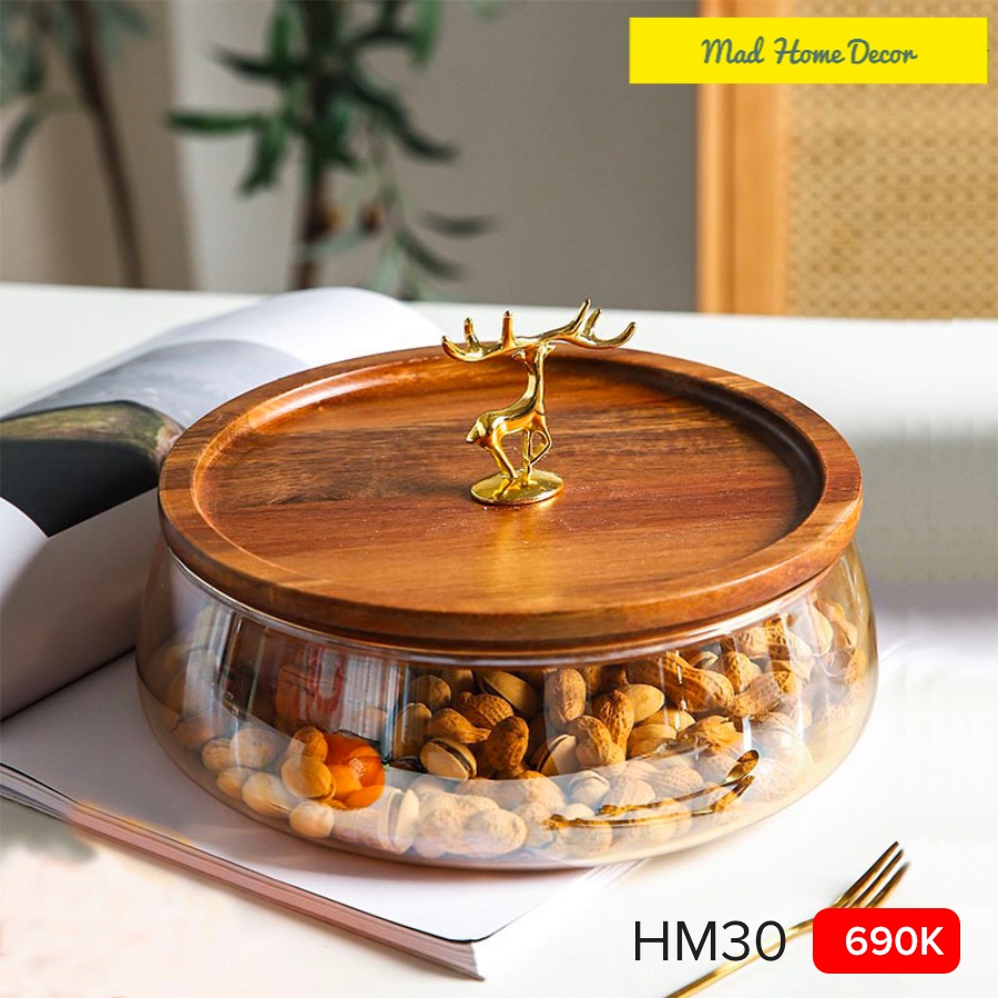 Khay đựng mứt/bánh kẹo thuỷ tinh nắp gỗ hạt dẻ nguyên khối cao cấp - mẫu mới nhất cho mùa Tết 2022